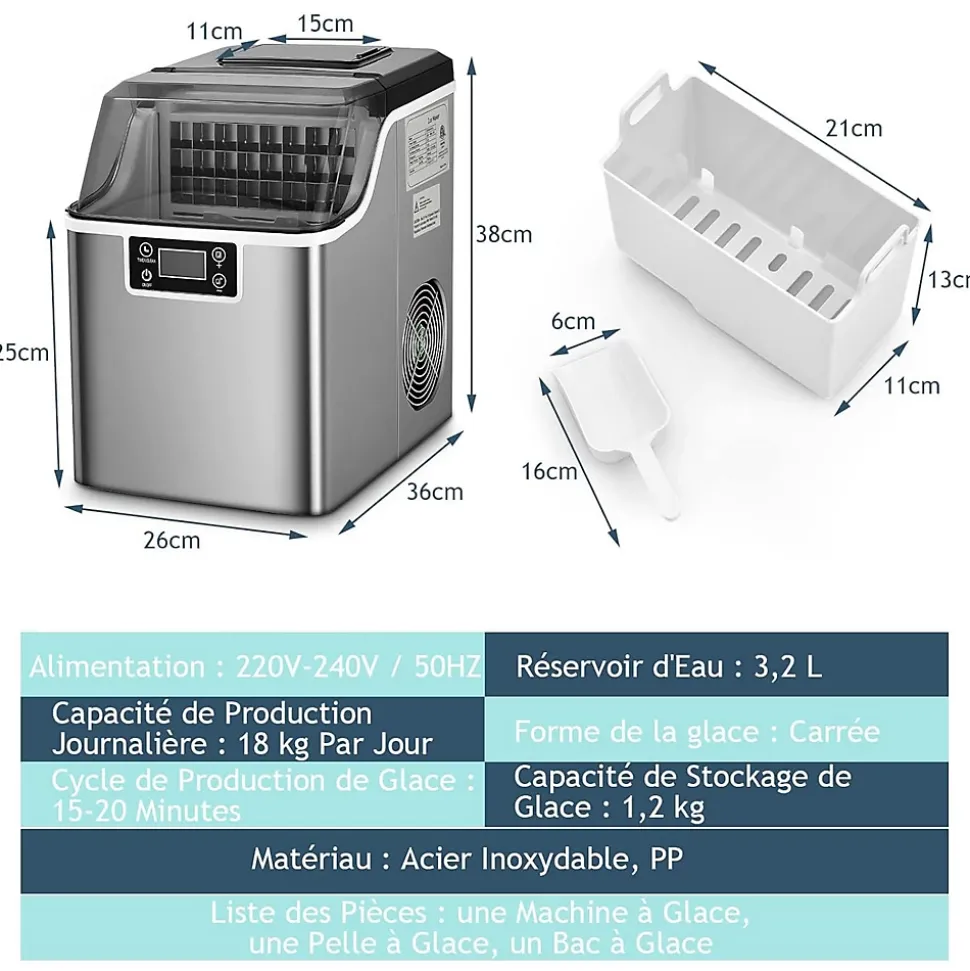 Machine à Glaçons Capacité 18KG en 24H 24 Glaçons en 15 Minutes Automatique Électrique Compact Portable Auto Nettoyage