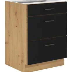 Meuble bas casserolier AUCUNE MODENA 60 cm 3 tiroirs chêne artisan noir mat