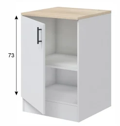 Meuble bas de cuisine avec plan de travail , 1 porte coloris blanc brillant /chêne canadien - H. 90 x L. 60 x P. 60 cm