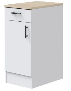 Meuble bas de cuisine avec plan de travail , 1 porte + 1 tiroir coloris blanc brillant /chêne canadien