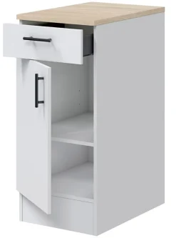 Meuble bas de cuisine avec plan de travail , 1 porte + 1 tiroir coloris blanc brillant /chêne canadien