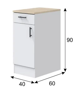 Meuble bas de cuisine avec plan de travail , 1 porte + 1 tiroir coloris blanc brillant /chêne canadien