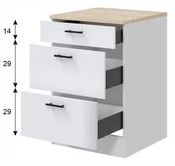 Meuble bas de cuisine de 3 tiroirs avec plan de travail coloris blanc brillant /chêne canadien