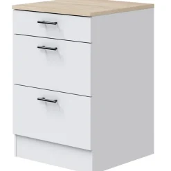 Meuble bas de cuisine de 3 tiroirs avec plan de travail coloris blanc brillant /chêne canadien