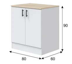 Meuble bas de cuisine sous évier 2 portes avec plan de travail coloris blanc brillant /chêne canadien - H. 90 x L. 80 x P. 60 cm