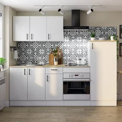 Meuble bas de cuisine sous évier 2 portes avec plan de travail coloris blanc brillant /chêne canadien - H. 90 x L. 80 x P. 60 cm