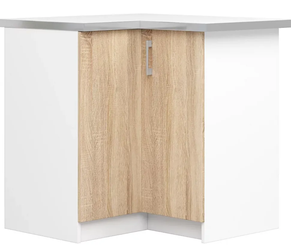 Meuble de cuisine bas AKORD S90 d'angle LIMA modul. Blanc 84 cm 2 portes façade Chêne Sonoma 2 étagères 84x44,5x85,5 cm
