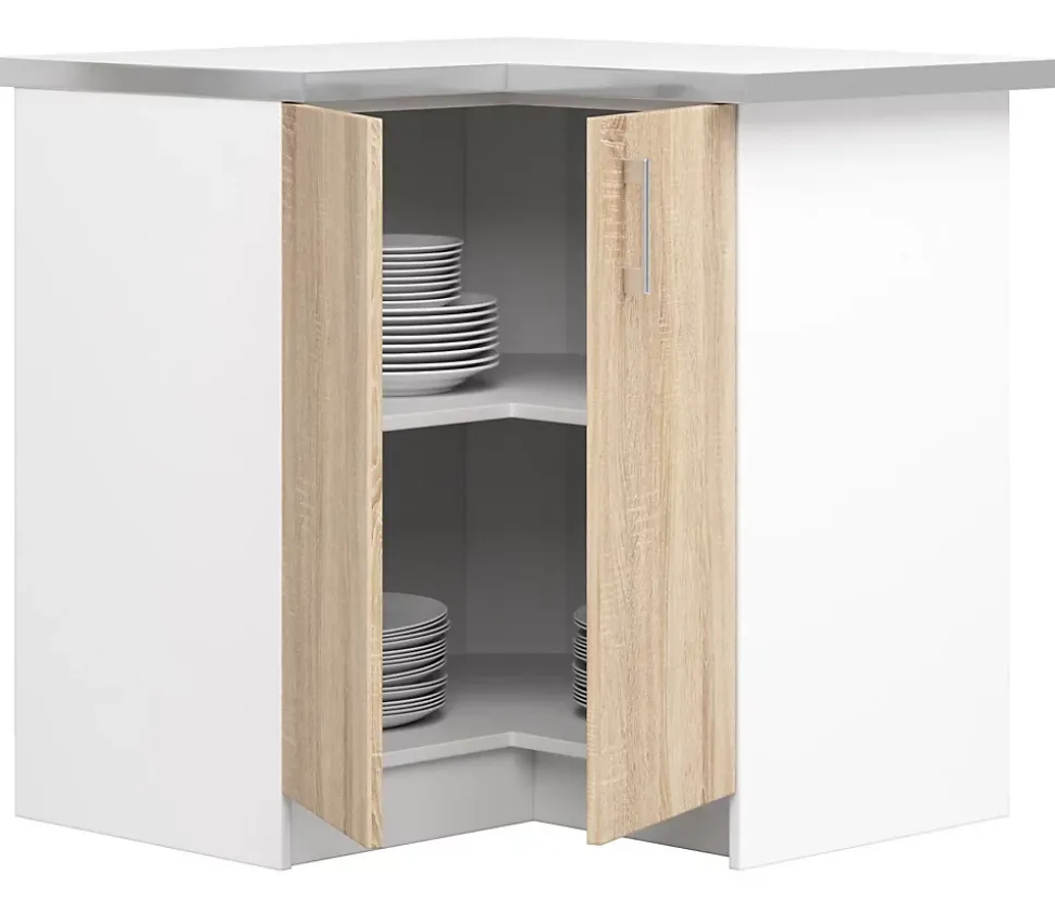 Meuble de cuisine bas AKORD S90 d'angle LIMA modul. Blanc 84 cm 2 portes façade Chêne Sonoma 2 étagères 84x44,5x85,5 cm