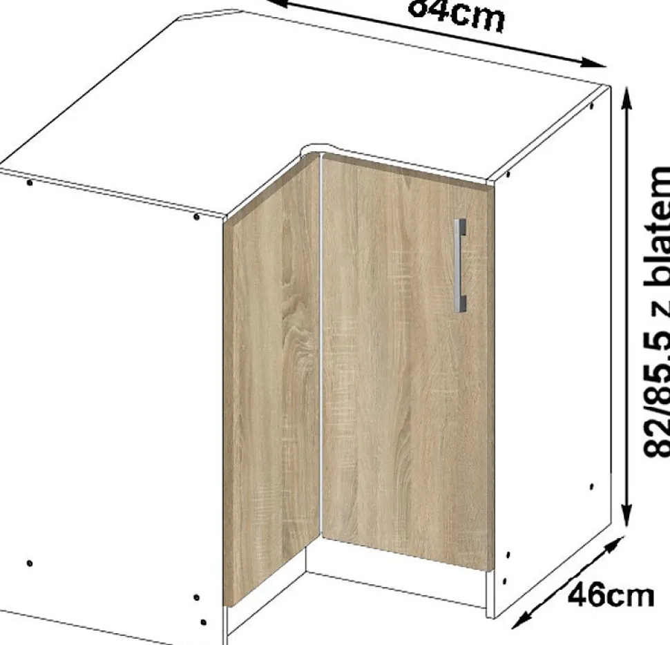 Meuble de cuisine bas AKORD S90 d'angle LIMA modul. Blanc 84 cm 2 portes façade Chêne Sonoma 2 étagères 84x44,5x85,5 cm