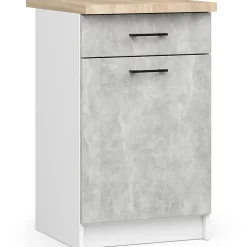 Meuble de cuisine bas AKORD S50 OLIWIA modulable Blanc 50 cm 1 porte 1 tiroir façade Béton 2 étagères 50x46x85 cm