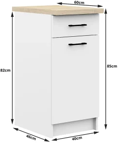 Meuble de cuisine bas AKORD S40 OLIWIA modulable Blanc 40 cm 1 porte 1 tiroir façade Blanche 2 étagères 40x46x85 cm