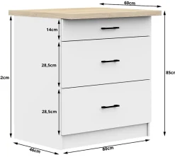 Meuble de cuisine bas AKORD S80 OLIWIA modulable Blanc 80 cm 3 tiroirs façade Blanche 80x46x85 cm