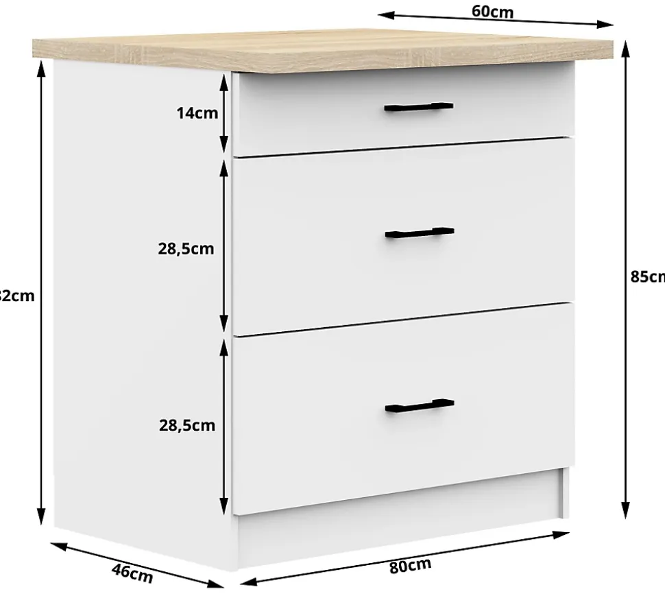 Meuble de cuisine bas AKORD S80 OLIWIA modulable Blanc 80 cm 3 tiroirs façade Blanche 80x46x85 cm