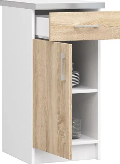 Meuble de cuisine bas AKORD S40 LIMA modulable Blanc 40 cm 1 porte 1 tiroir façade Chêne Sonoma 2 étagères 40x44,5x82 cm