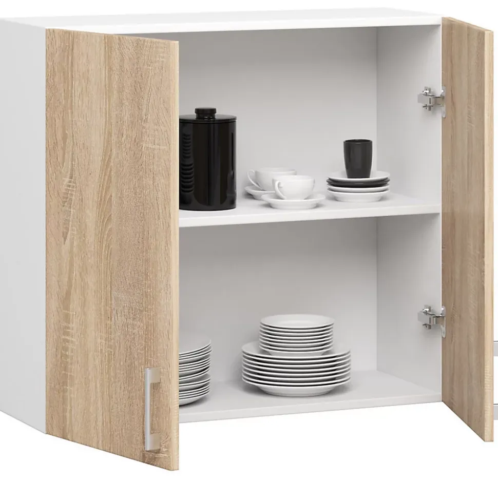 Meuble de cuisine haut AKORD W80 LIMA modulable Blanc 80 cm 2 portes façade Chêne Sonoma 2 étagères 80x30,5x72 cm