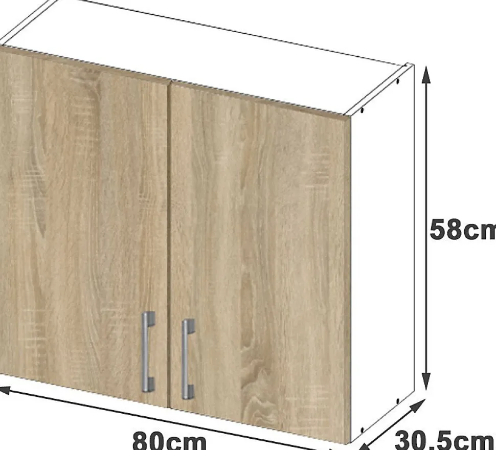 Meuble de cuisine haut AKORD W80 LIMA modulable Blanc 80 cm 2 portes façade Chêne Sonoma 2 étagères 80x30,5x58 cm
