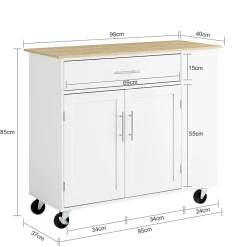 Meuble de Cuisine Mobile avec Plan de Travail et Tiroirs - Desserte à Roulettes Blanche