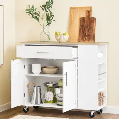 Meuble de Cuisine Mobile avec Plan de Travail et Tiroirs - Desserte à Roulettes Blanche