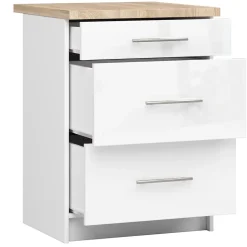 Meuble de cuisine sur pied : 3 tiroirs, blanc mat, blanc brillant, 60 x 85 x 46 cm