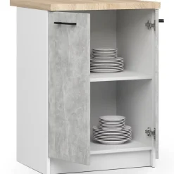 Meuble de cuisine sur pied : 2 portes, 2 étagères, blanc / béton, 60 x 85 x 46 cm