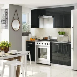 Meuble de cuisine suspendue : 1 porte, 2 étagères, blanc / graphite brillant, 30 x 72 x 30 cm