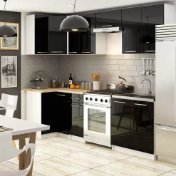 Meuble de cuisine suspendue : 2 portes, 2 étagères, blanc / noir brillant, 60 x 72 x 30 cm