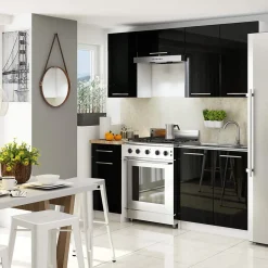 Meuble de cuisine suspendue : 2 portes, 2 étagères, blanc / noir brillant, 60 x 72 x 30 cm