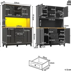 Meuble de salon haut de gamme avec éclairage LED, dimensions 120 x 40 x 180 cm, 4 portes, 3 tiroirs.