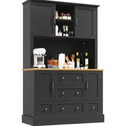 Meuble haut de salon et vitrine de cuisine, 115 x 40 x 180 cm, noir, éclairage LED, 4 portes, 5 tiroirs