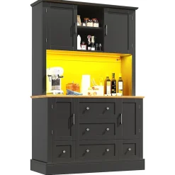 Meuble haut de salon et vitrine de cuisine, 115 x 40 x 180 cm, noir, éclairage LED, 4 portes, 5 tiroirs