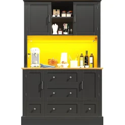 Meuble haut de salon et vitrine de cuisine, 115 x 40 x 180 cm, noir, éclairage LED, 4 portes, 5 tiroirs