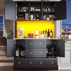 Meuble haut de salon et vitrine de cuisine, 115 x 40 x 180 cm, noir, éclairage LED, 4 portes, 5 tiroirs