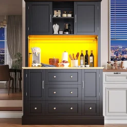 Meuble haut de salon et vitrine de cuisine, 115 x 40 x 180 cm, noir, éclairage LED, 4 portes, 5 tiroirs