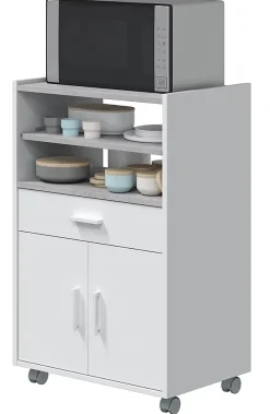 Meuble pour micro-ondes sur roulette en bois mélaminé blanc effet béton - Longueur 59 x Profondeur 40 x Hauteur 92 cm