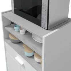 Meuble pour micro-ondes sur roulette en bois mélaminé blanc effet béton - Longueur 59 x Profondeur 40 x Hauteur 92 cm