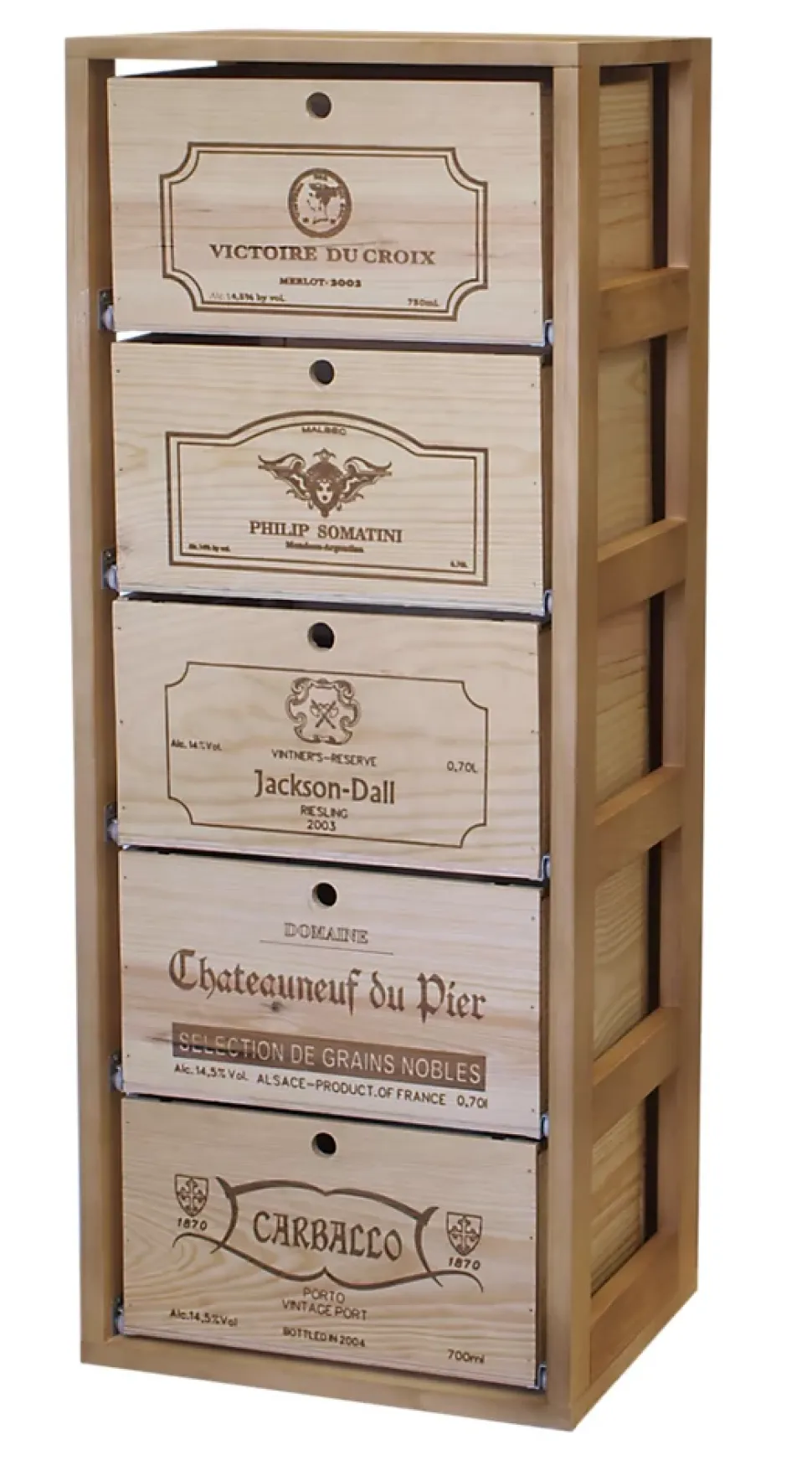 Meuble Range Bouteille de vin Série Godello en Pin Clair 5 caisses de bois sur tablettes coulissantes