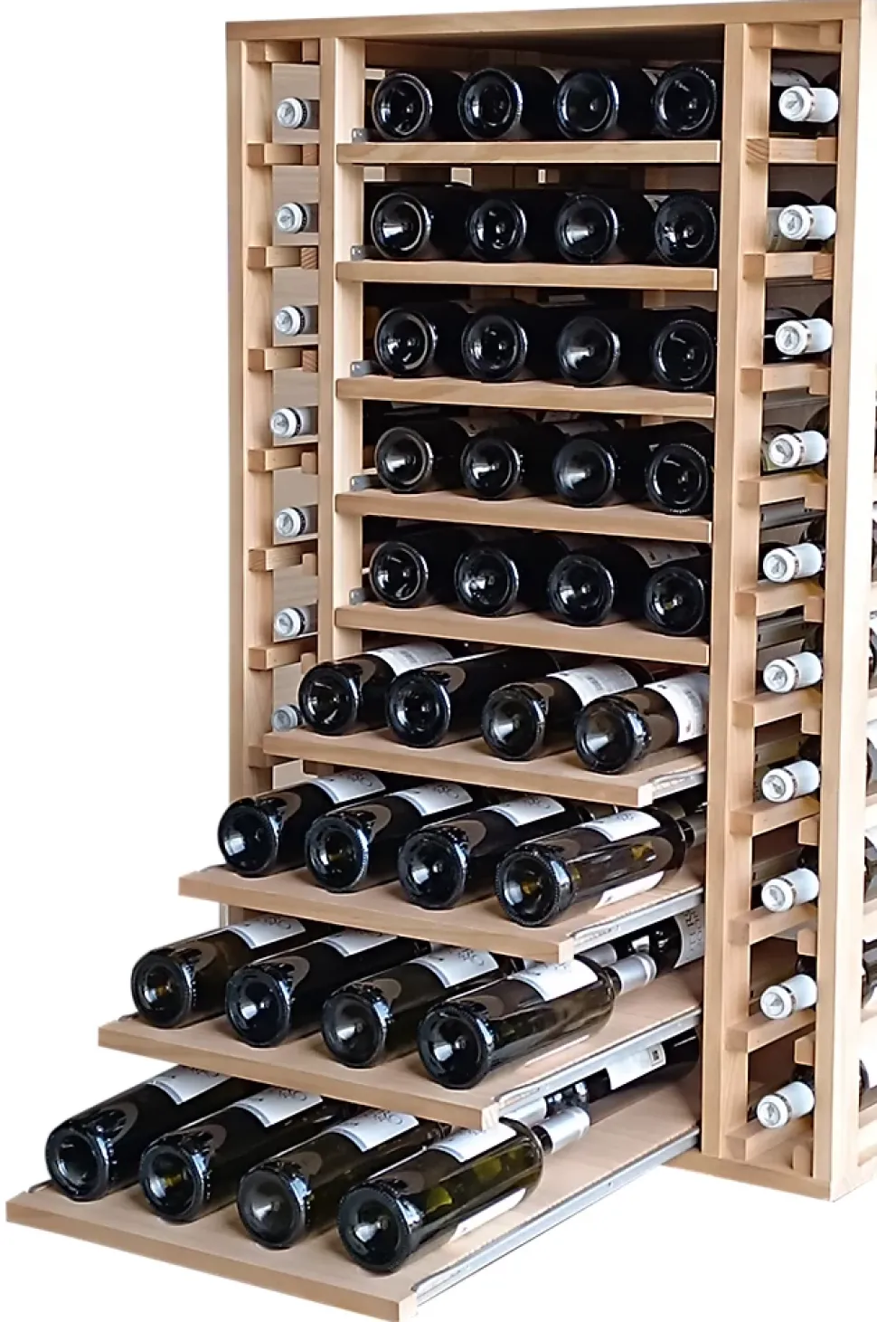 Meuble Range Bouteille de vin Série Godello en Pin Clair 112 bouteilles double profondeur avec 4 tablettes coulissantes