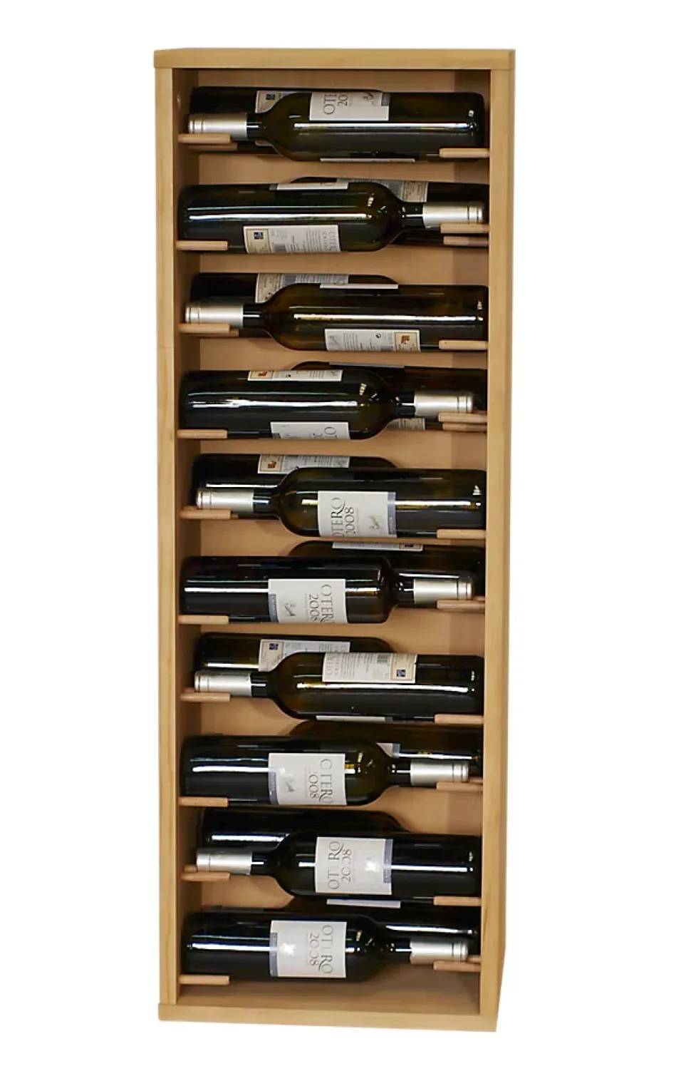Meuble Range Bouteille de vin Série Godello en Chêne massif 20 bouteilles étiquettes devant