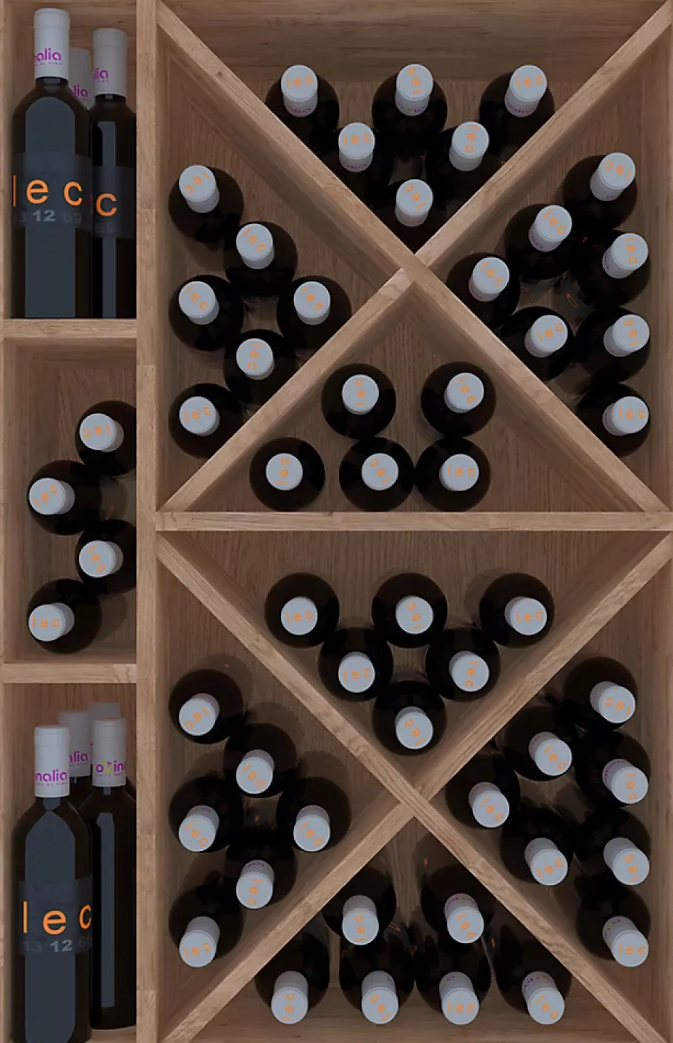 Meuble Range Bouteille de vin Série Godello en Chêne massif 60 bouteilles avec diamant et 3 cubicules gauche