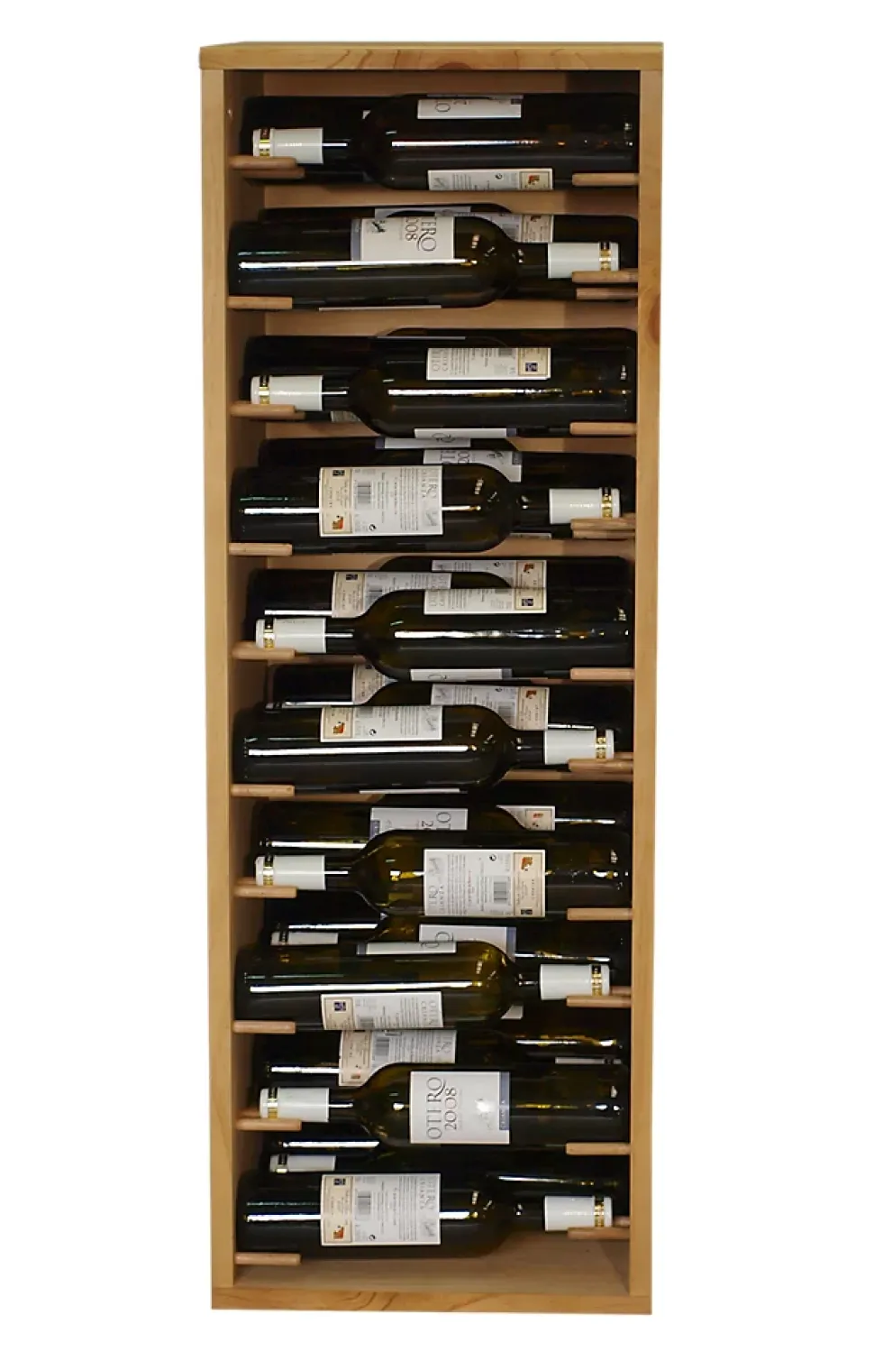 Meuble Range Bouteille de vin Série Godello en Chêne massif 30 bouteilles étiquettes devant