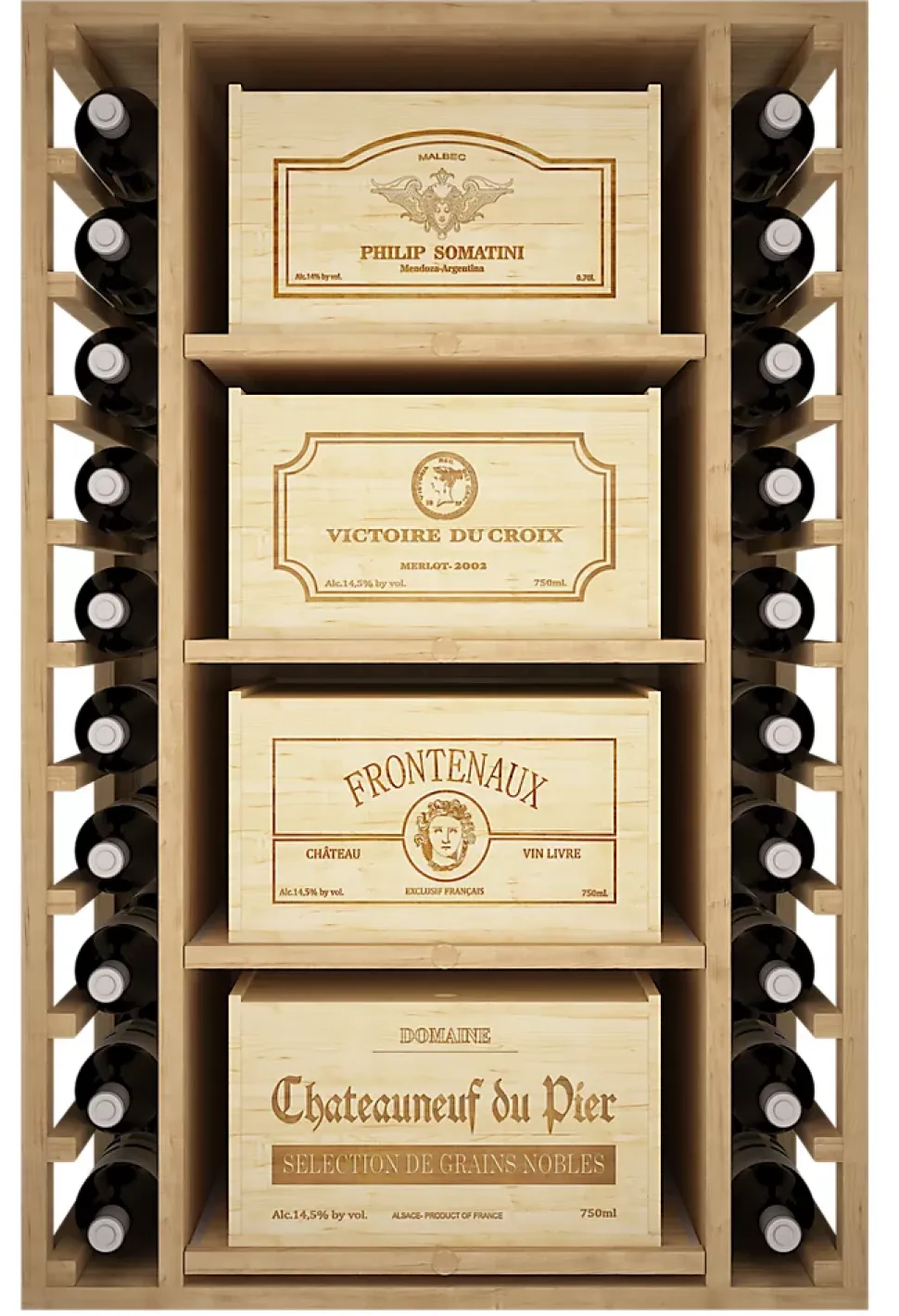 Meuble Range Bouteille de vin Série Godello en Pin Clair 20 bouteilles avec 4 boites de bois