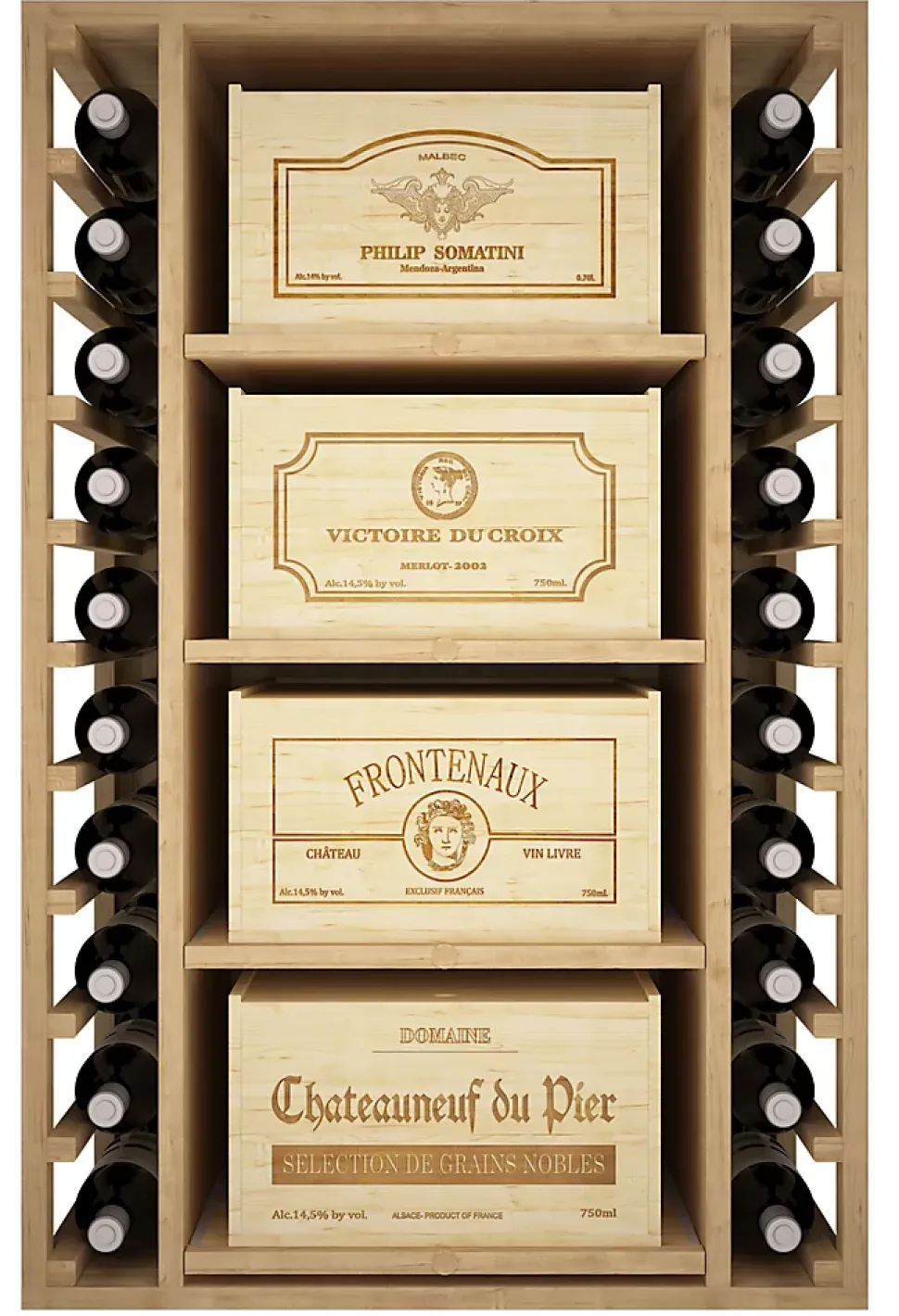 Meuble Range Bouteille de vin Série Godello en Pin Clair 20 bouteilles avec 4 boites de bois