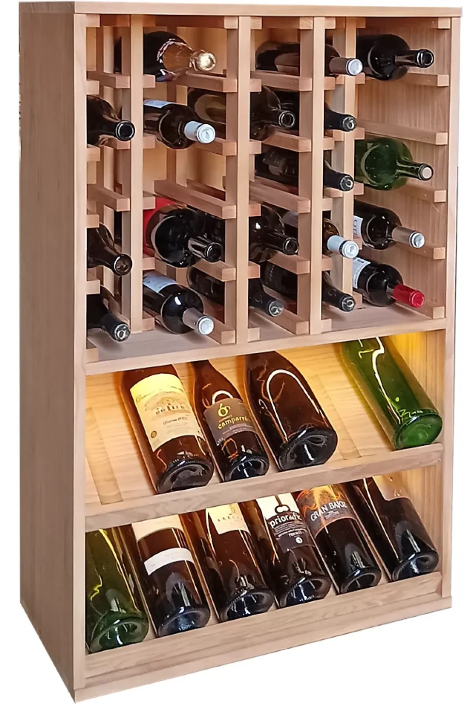 Meuble Range Bouteille de vin Série Godello en Pin Clair 42 magnums avec tablettes et LED