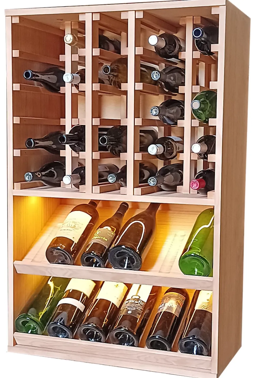 Meuble Range Bouteille de vin Série Godello en Pin Clair 42 magnums avec tablettes et LED