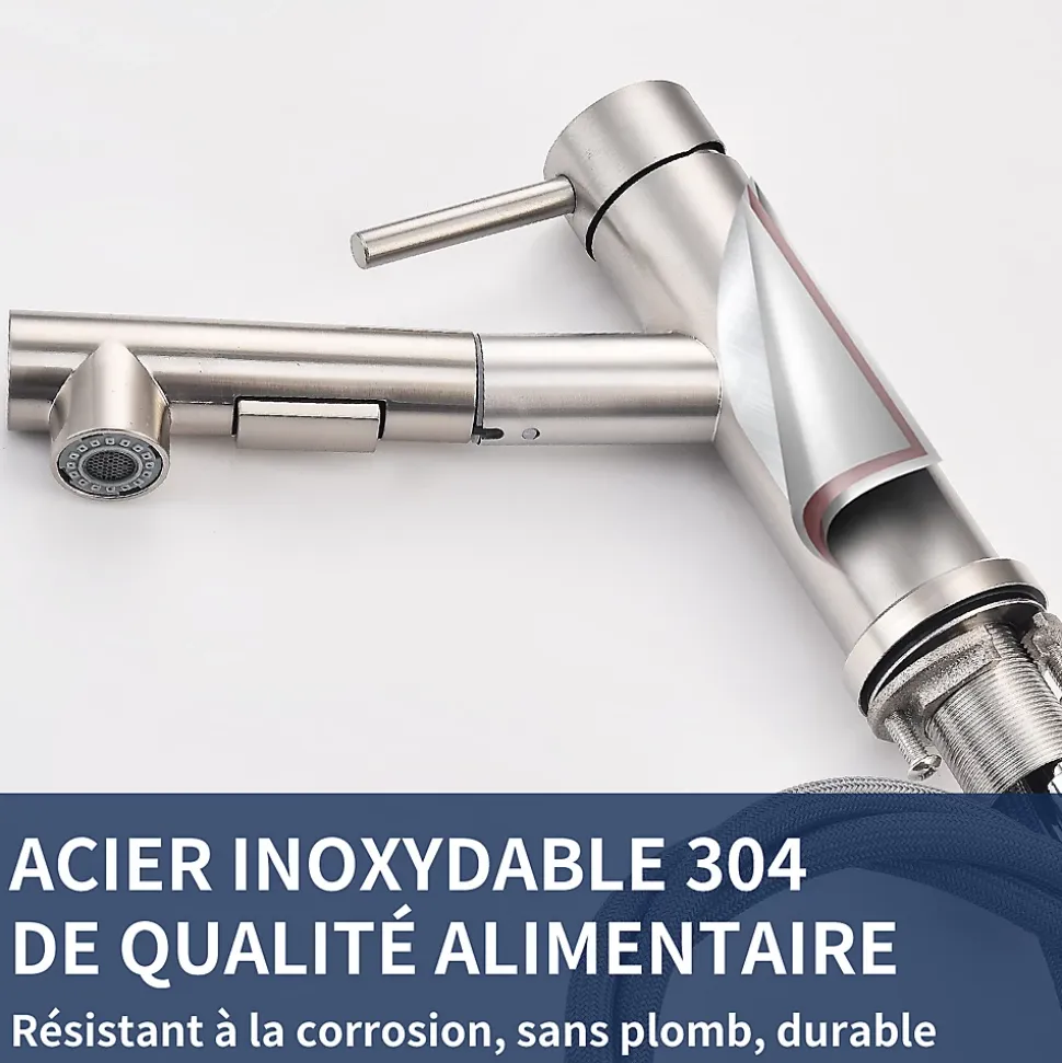 Mitigeur Cuisine avec 2 Modes de Jet Robinet Cuisine avec Douchette Extractible Mitigeur Evier en Inox Brosse Eau Chaude et Froide