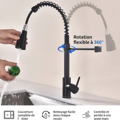 Mitigeur cuisine avec douchette Robinet Cuisine 2 Jets Robinetterie de cuisine Rotation 360 degrés Robinet d'Evier en Laiton