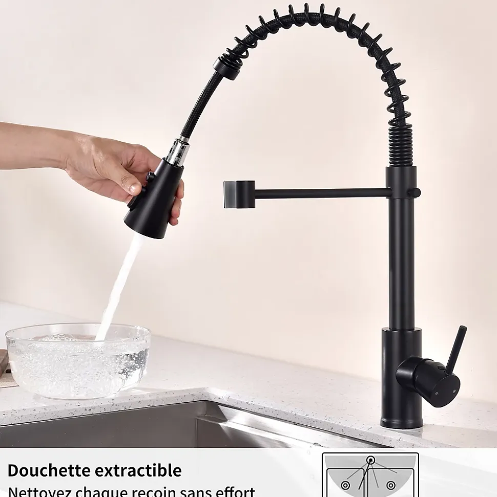 Mitigeur cuisine avec douchette Robinet Cuisine 2 Jets Robinetterie de cuisine Rotation 360 degrés Robinet d'Evier en Laiton