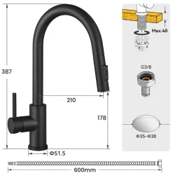 Mitigeur Cuisine avec Douchette Noir, CECIPA MAX Robinet Cuisine Extractible avec 2 Modes de Pulvérisation Brossé