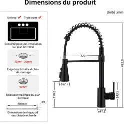 Mitigeur cuisine Noir avec douchette Robinet de Cuisine à Ressort Robinetterie de cuisine Rotation