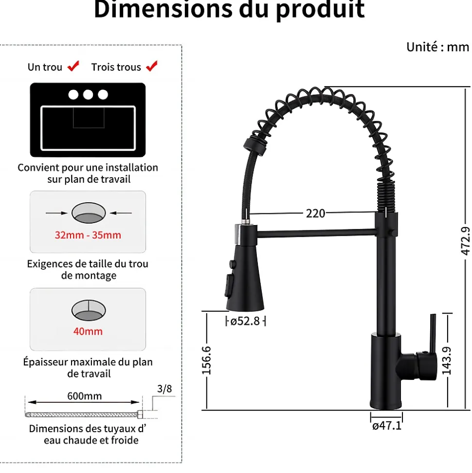 Mitigeur cuisine Noir avec douchette Robinet de Cuisine à Ressort Robinetterie de cuisine Rotation